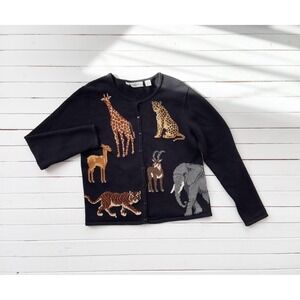black embroidered sweater 90s vintage Marisa Christina safari animal cardigan‎